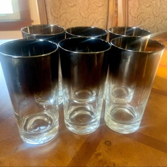 Vintage 50’s Queens Lustreware MCM Gray Silver Fade Ombré Glass Set With Caddy